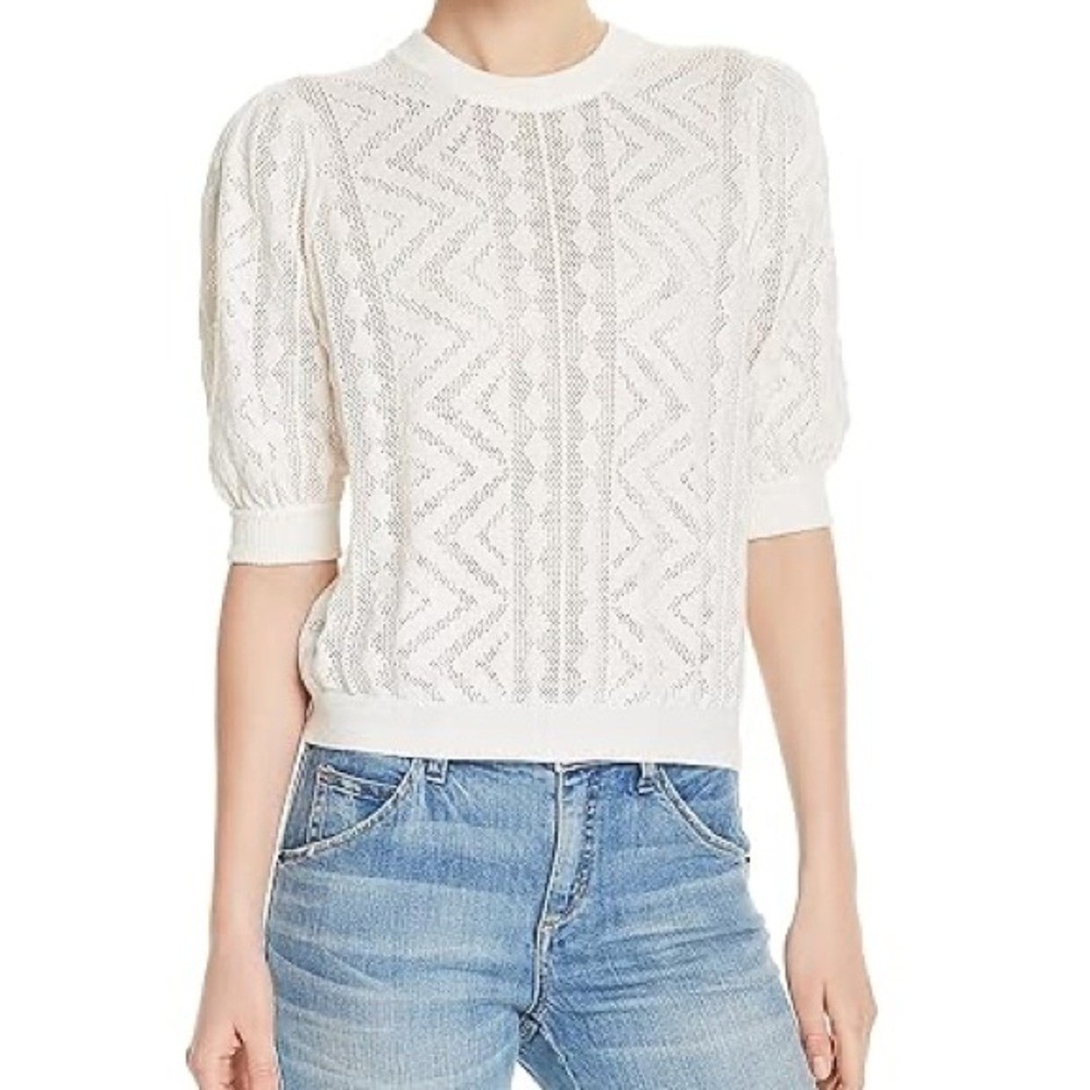 Joie White Cotton Cashmere Pointelle Puff Short Sleeve Sweater XL 19-1-002621